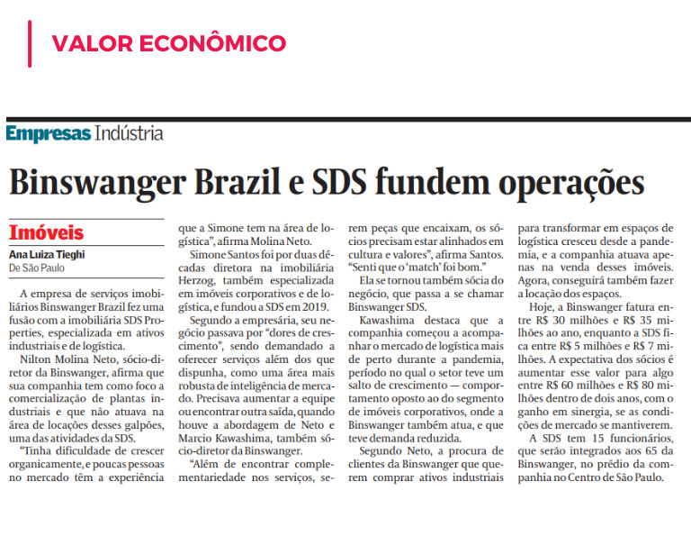Binswanger Brazil e SDS fundem operações