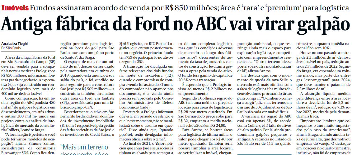 Valor Econômico - Antiga fábrica da Ford no ABC vai virar galpão