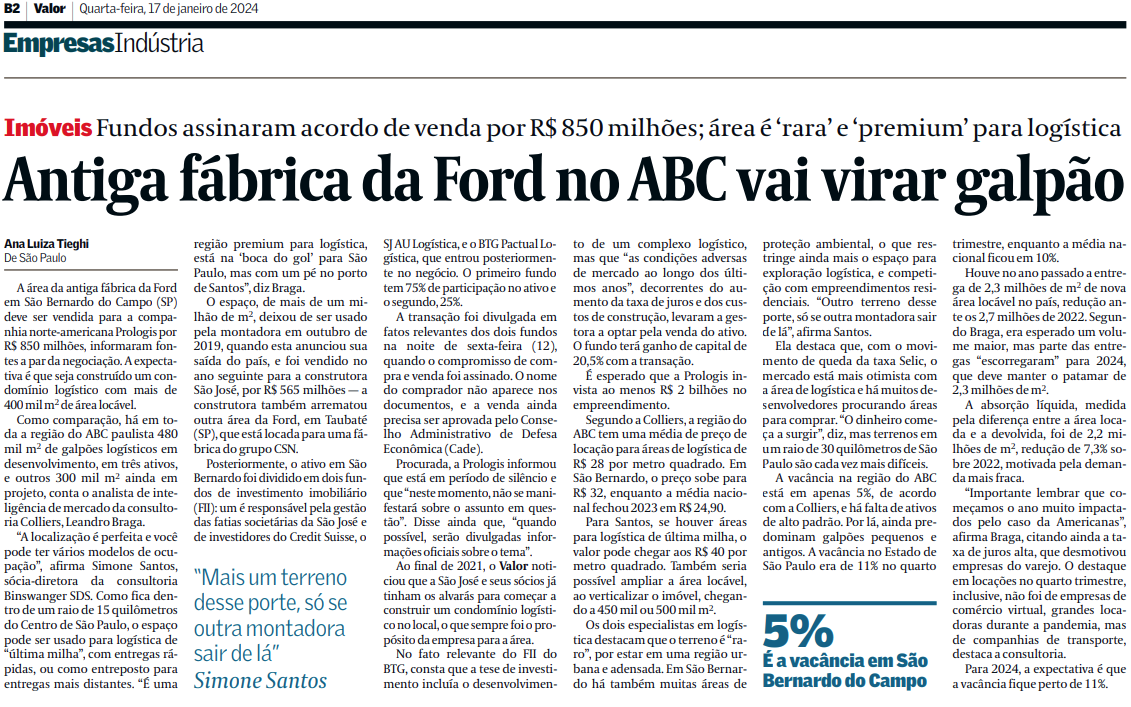 Valor Econômico – Antiga fábrica da Ford no ABC vai virar galpão